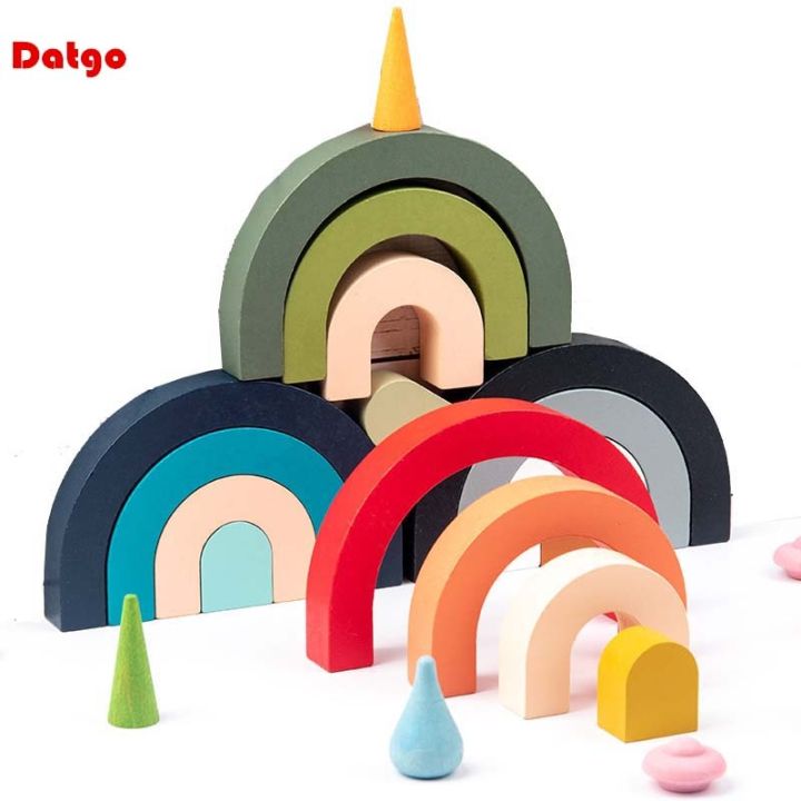 Baby Montessori Rainbow Building Blocks Wooden Toy DIY Stacking Balance ...