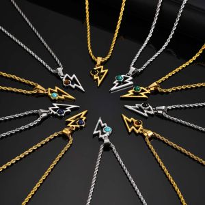 Kemstone Mens Lightning Pendant Necklace Stainless Steel with Rope Chain and Natural Stone