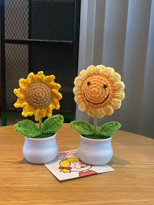Handmade Woven Potted Simulation Sunflowers Flower Yarn Crochet Knitte Home Ornaments Christmas Gift