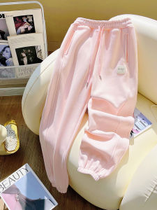 กางเกงวอร์มลำลองสีชมพูดอกซากุระสำหรับผู้หญิง ฤดูใบไม้ร่วง/ฤดูหนาว 2025 ใหม่เอวสูง ทรงหลวม ผ้าฝ้าย อบอุ่น กางเกงวอร์ม