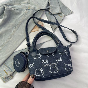 Cute Cartoon HelloKitty Denim Shoulder Crossbody Bag Womens Fashion Dumpling Shape Bag Spring Summer New Style