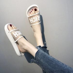 Womens Summer Outdoor Slip-On Slippers Home Bath Anti-Slip Cute Beach Transparent Sandals Flat Heel PVC Injection Moulding
