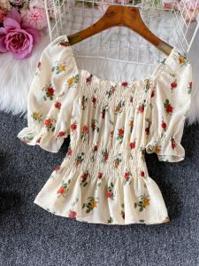 Wooden Ear off-Shoulder Tops Female 2024 Summer New Arrival Sweet Puff Sleeves Short Silm Retro Floral Blouse