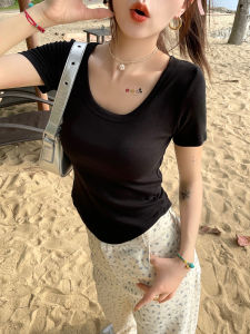 Orange U-neck Short Sleeve Slim Fit T-shirt Womens Summer New Style Versatile Half Sleeve Pure Color Top Commute Korean Style