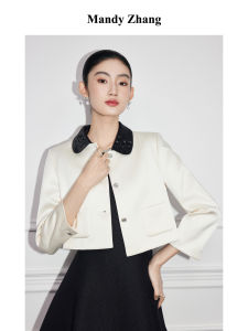 Trendy Short Outline Sequin Bead 9-fractional Sleeve Bicolor Blazer Women