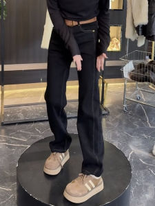 Slim Fit Wide Leg Denim Jeans Womens Autumn Winter New Style Fleece Lined Thickened Black Slimming Straight Long Pants