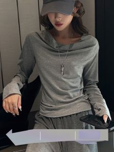 miiow | Elegant Grey Pure Desire One Shoulder Modal Long Sleeve T-Shirt Womens Innerwear Outerwear Autumn Winter Base Shirt