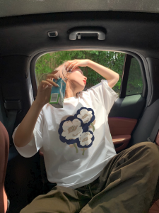 T-Shirt Wanita Lengan Pendek Gaya Korea Motif Bunga Vintage Ukuran Besar