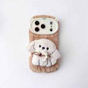 3D Cartoon Bowknot Puppy Warm Fluffy Plush Phone Case For iPhone 17 Air 16 15 14 13 12 11 Pro Max With Lanyard Shockproof Cover
