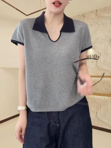 Shalldoer | Áo len dệt kim cổ chữ U màu khối phong cách Hàn Quốc tay ngắn mùa hè mỏng thoáng khí đa năng cho nữ Áo sơ mi thường ngày màu trơn