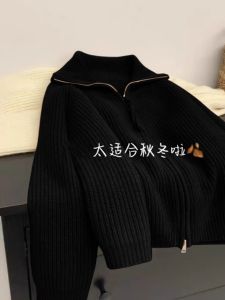 Ladies Black Bear Fur Knitted Sweater Coat Double Zipper Polo Collar Autumn Winter Warm Fashion Outerwear Casual Style