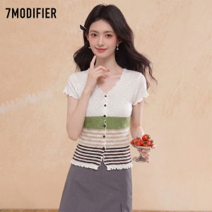 7.Modifier | Áo Cardigan Tay Ngắn Sọc Có Nếp Nhăn