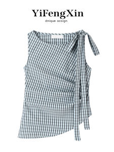 YIFENGXIN | Neck-tied Plaid Wrap Waist Irregular Hem Tank Top Blouse
