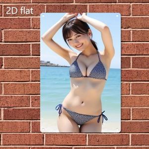 CIFbuy | Vintage Bikini Beach Girl Metal Wall Art Sign - 2D Flat Blue & White Swimsuit Poster