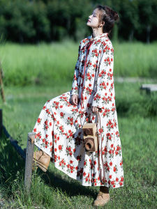 Romantic Loose Velvet Print Dress Womens Autumn Long Skirt with Lace Hemline Vintage Style Commute Fashion Single Piece