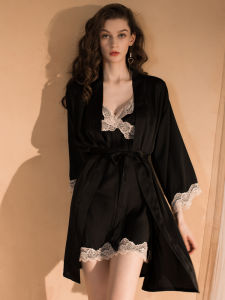 ชุดนอนผู้หญิงแขนยาวผ้าไหมน้ำแข็งเซ็กซี่ฤดูร้อน 2024 ใหม่พร้อมแผ่นเสริมหน้าอก ชุดนอนสายเดี่ยวฤดูใบไม้ผลิและฤดูใบไม้ร่วง