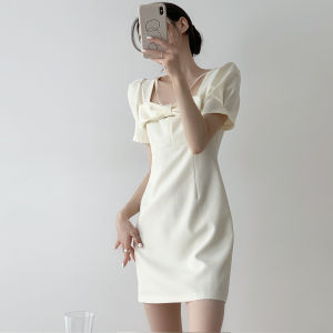 Yahi Gentle Bow Temperament Commute Premium Design Sense Niche Short Almond White French Dress Summer