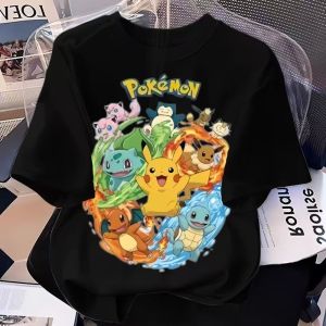 Bandai | 2026 Pikachu Parent-child Pure Cotton Short Sleeve T-shirt Fashion Casual Elf Pattern Design for Boys and Girls