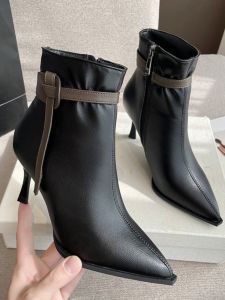 Elegant Pointed Toe Short Boots Womens Fashion Boots Autumn Winter New Belt Buckle High Heel Slim Martin Boots Thin Heel