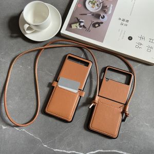 Simple Business Style Flip Phone Case for ZFlip4/3/2/1 Crossbody Strap Anti-Fall Protection Cover for Women Leather Texture