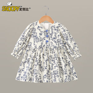 Snoopy Girls Long Sleeve Dress Floral Print Fashionable Spring Autumn Childrens Princess Skirt Comfortable Breathable Casual Wear