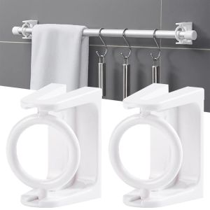 2Pcs Punch-free Adjustable 360°Rotation Curtain Rod Holder Clamp Hooks Self Adhesive Clothes Rail Bracket Triangle Ring Hooks
