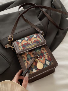 Vintage Versatile Womens Crossbody Phone Bag Fashionable Shoulder Bag Mobile Accessory Soft PU Leather Geometric Pattern