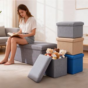 lron Poetry.PH Storage Stool Box Cotton-Linen Ottoman Organizer Foldable Chair Ottoman Footrest Seat