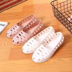 Summer Beach Flat Bottom Sandals Womens Open Toe Hollow out Soft Sole Nurse Shoes Casual Pure Color Slip-On PVC Footwear