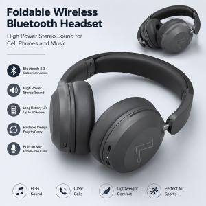 Foldable Wireless Bluetooth Headset Over Ear Sports Headphones High Power Stereo Sound for Cell Phones and Music