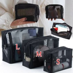 3pcs Portable Mesh Transparent Cosmetic Bag / Travel Zipper Make Up Organizer Bag / Wash Toiletry Beauty Storage Bag Pouch