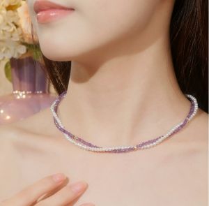 ZHOU LIU FU 周六福 S925 ชุดเครื่องประดับเงินสเตอร์ลิง เครื่องประดับไข่มุกน้ำจืดธรรมชาติ สร้อยคออเมทิสต์ สร้อยข้อมือ X0514631 X0714632