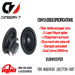 CSW12-250 Dual 2 ohms 12 Subwoofer Category 7 250Wrms Max Power 500w 1pc // CSW15-500 Dual 4 ohms 15" Subwoofer Category 7 500Wrms and 1000w max power 1 pc