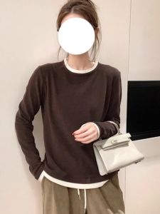 plus Size Slimming Base Layer Shirt Long Sleeve Conceal Meat Fake Two-Piece Thin T-Shirt Korean Style round Neck Loose Fit