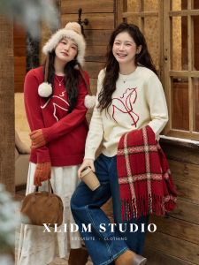 Lucky Horse New Year Limited Edition Colorblock Hook Knit Red Crew Neck Ladies Sweater
