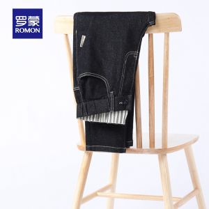 ROMON | Loose Fit Casual Thickened Mens Jeans Romon Straight Leg Black Elastic Waist Zipper Closure Long Trousers Youth Fashion Autumn Winter