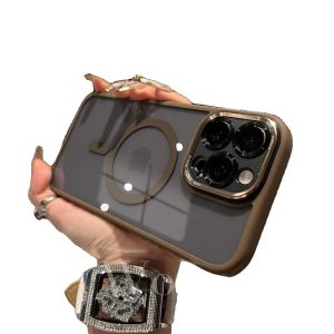 Magsafe Silicone Phone Case with Metal Lens Built-In Magnet for Apple 15Promax 14Pro Transparent Black Male Model 16Pm Protective Cover
