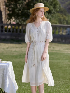 XIANGYING | Linen Vacation Style Pleated Waist Cinching V-Neck Dress