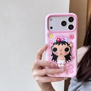 EOENKK | Cute 3D Cartoon Girl Stand Phone Case For iPhone 17 16 15 14 13 12 Pro Max 14 15 Plus 16 17 Pro Shockproof Silicone Phone Cover