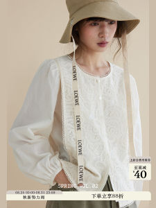 Elegant White Embroidered Heavy Work Shirt Hollow out Bubble Sleeve French Style Womens Blouse Cotton Pure Color round Neck Zipper