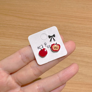 Sweet Asymmetric Apple Earrings 925 Silver Needle No Piercing Student Cute Fashion Jewelry Gift for Girls without Hole Ear