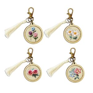 1set Wooden Mini Embroidery Keychain Material Package DIY Cross Stitch Frame Crafts Embroidery Circle Sewing Kit