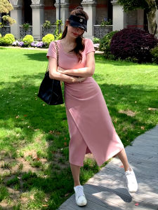 French Elegant Pink Square Collar Midi Dress Women Summer Pleated Slimming Split T Shirt Style Short Sleeve Pure Color Skirt