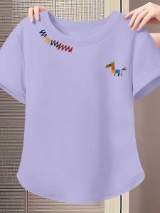 100% Pure Cotton Short Sleeve T-Shirt Womens Summer New Fashion Simple round Neck Large Size Printed Arc Top Ins Casual Loose Fit