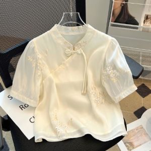 Áo Sơ Mi Voan Tay Ngắn Cổ Đứng Thêu Mới Cho Nữ Mùa Hè Phong Cách Trung Hoa Cổ Điển Áo Sơ Mi Nữ Thời Trang Thường Ngày
