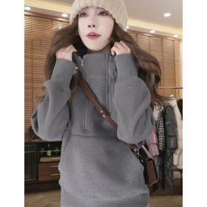เสื้อสเวตเตอร์มีฮู้ดแบบมีซิปสองช่องแบบหนาสำหรับผู้หญิง ทรงหลวม ทรงเข้ารูป ทรงลำลอง เสื้อคลุมกันหนาว ฤดูใบไม้ร่วง/ฤดูหนาว สไตล์เกาหลี
