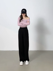 Crush Fashion Women‘s High Waist Wide Leg Pants Casual Loose Pleated Trousers with Side Pockets Elastic Back Waist Korean Style Long Pants