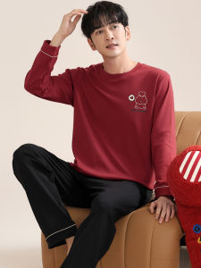 High-End Fabric Sleepwear Mens Autumn Winter Pure Cotton Red Celebratory Marriage Home Clothes Lucky Year Set round Neck Long Sleeve
