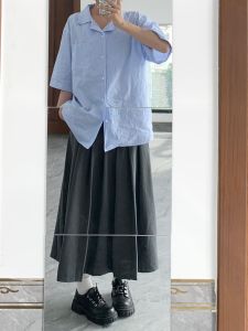 กระโปรงทรงเอเอวสูงสีเทา กระโปรงทรงเอยาวปานกลางสำหรับผู้หญิงไซส์ใหญ่ สไตล์เกาหลี กระโปรงทรงเอเข้ารูปเอวสูง