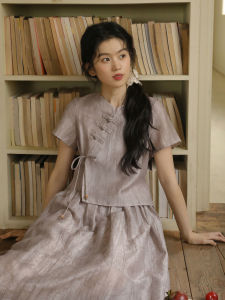 Nesoulum Mist Purple Chinese Style Midi Dress Womens Summer Vintage Waist-Cinching Tencel Linen Dress Commute Regular Sleeve